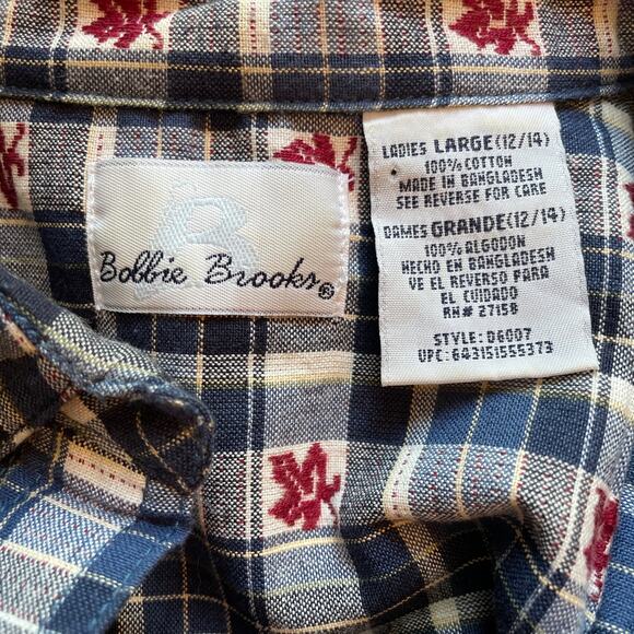 Bobbie Brooks Vintage Maple Leaf Blue Plaid Button Front shirt Large - Picture 6 of 7